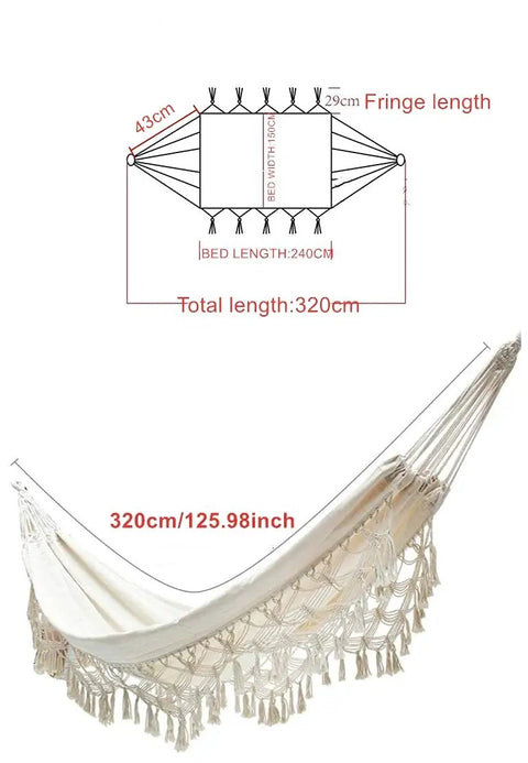 Chill Cotton Macrame Hammock With Fringe Tassels For Two People Boho Balcony Garden Outdoor Hangout Heavy Duty 480 Lb Capacity
