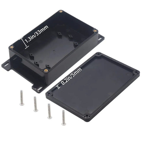 Watertight IP67 Junction Box For DIY Electrical Projects, Tough-As-Nails ABS Plastic Enclosure With Wall Mount Ears, 5.91 By 3.94 By 1.73 Inches, shown open with lid and screws