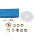 Straight Shooter Acrylic Router Base Plate With Dead On Centering Pin And Ten Piece Brass Guide Bushing Set For Precision Template Routing and accessories arranged.