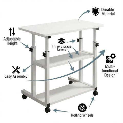 Height Adjustable Standing Desk With Rock Solid Swivel Casters And Sturdy Mobile Computer Workstation featuring adjustable height and rolling wheels.