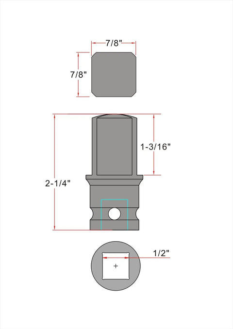 7/8 Inch Tapered Male Square Drive Adapter Pipe Plug Socket dimensions diagram showing 7/8 inch and 1/2 inch sizes for conversion use.