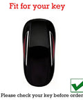 Top view of Sleek Rugged Carbon Fiber Key Fob Protector Case Optimized Perfect Fit Tesla Model X in black with red accents.