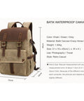 Rugged Batik Waterproof Canvas Camera Backpack With Large Capacity Main Camera Compartment And Anti Theft Rear Access Detachable Divider For Photo Gear Travel Daypack For Photographers, displayed with size dimensions and brown leather trim.