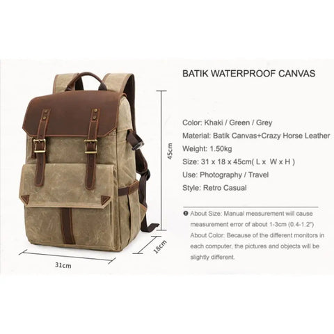 Rugged Batik Waterproof Canvas Camera Backpack With Large Capacity Main Camera Compartment And Anti Theft Rear Access Detachable Divider For Photo Gear Travel Daypack For Photographers, displayed with size dimensions and brown leather trim.