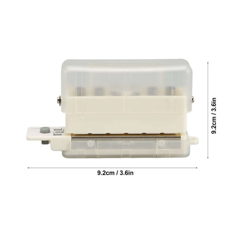 Side view of Heavy Duty Do It All 6 Hole Paper Puncher Portable Adjustable Metal Hole Punch with transparent body and dimensions