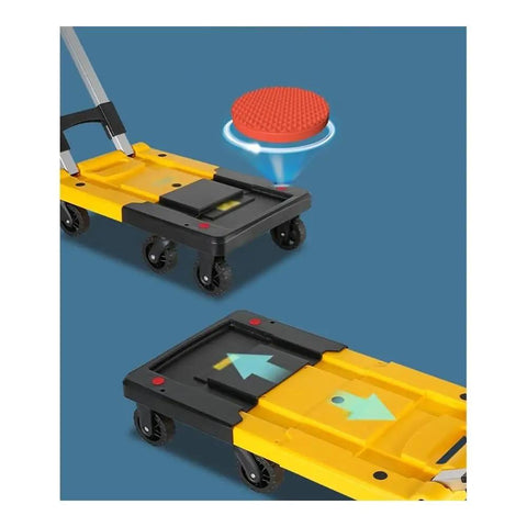 Foldable Flat Bed Cart With Wheels For Home And Courier Use, Heavy Duty Hand Truck On Wheels, Portable Yellow Folding Trolley For Easy Transport, Ready To Roll Compact Cargo Cart For Stockrooms And Workshops, yellow flat bed cart with brake wheels