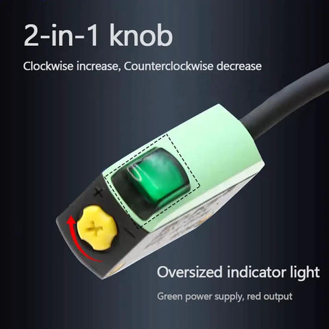 NPN Photoelectric Sensor With Diffuse Reflection Square Shape LED Display, 2-in-1 Knob, Green Light EMI Filtering, Adjustable Range