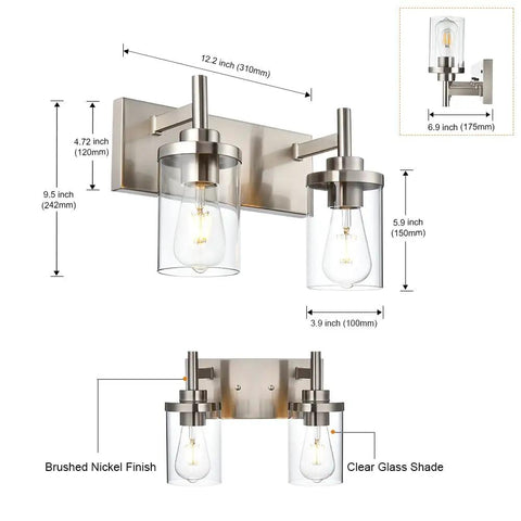 Diagram of 4 Light Brushed Nickel Bathroom Vanity Light Over Mirror With Clear Glass Shades; dimensions and details displayed.