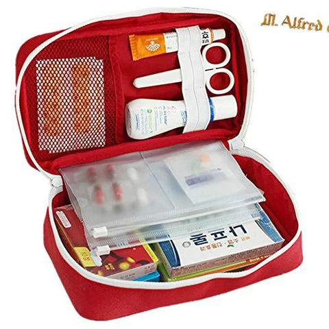 PenyaZo red first aid bag opened to reveal clear inner pouches with medical supplies and scissors.
