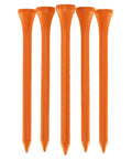 Eco Friendly Bamboo Golf Tees Set 100 Pack In Multiple Colors And Sizes Including 38mm 54mm 70mm And 83mm Durable Sustainable Tees Neon Orange Included Perfect For Practice Rounds And Everyday Play On Course Or Driving Range, five neon orange golf tees displayed vertically