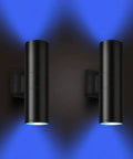 Exterior Double Up Down Outdoor Wall Lights With Remote Control, RGB Color Changing Smart LED Cylinder, 2 Pack, mounted with blue glow