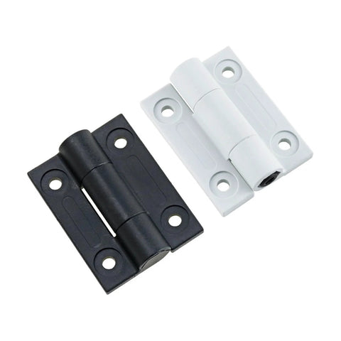 Two flat open torque hinges with adjustable damping; white and black finishes, mounting holes visible.