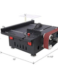 Aynuma Mini Table Saw And Belt Sander Combo 2 In 1 Electric Portable Bench Cutting Machine showing dimensions and features.