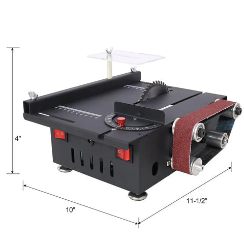 Aynuma Mini Table Saw And Belt Sander Combo 2 In 1 Electric Portable Bench Cutting Machine showing dimensions and features.