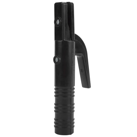 Heavy Duty Welding Electrode Holder Clamp With 300A Capacity For Industrial Use, heat tolerant insulated body, detailed view, black.