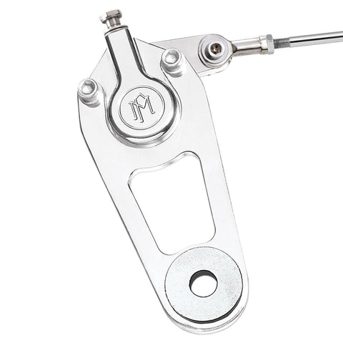 Two Piston Springer Brake Caliper And Mounting Bracket Kit For Harley Springers Bolt On Black Contrast Cut Finish Left Or Right Caliper Fits Three Quarter Inch Axle Includes Eleven Point Five Inch Rotor - detailed view of bracket and lever mechanism