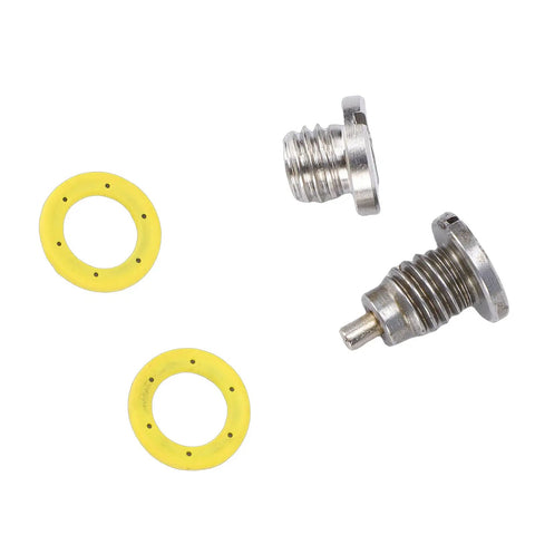 Upgrade Your Mariner Outboard With This Premium Metal Gear Case Drain Plug Kit 2 Pack Featuring Precise Seal And Easy Install For Oil Maintenance Without The Hassle Of OEM Parts. metal plugs with yellow seals