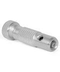 Heavy Duty Aircraft Tire Valve Core Removal Tool With Large Bore Safe Core Capture Chamber And Anti Ejection Design For Jets And Commercial Airplanes Pro Grade Safety For High Pressure Tires in silver.