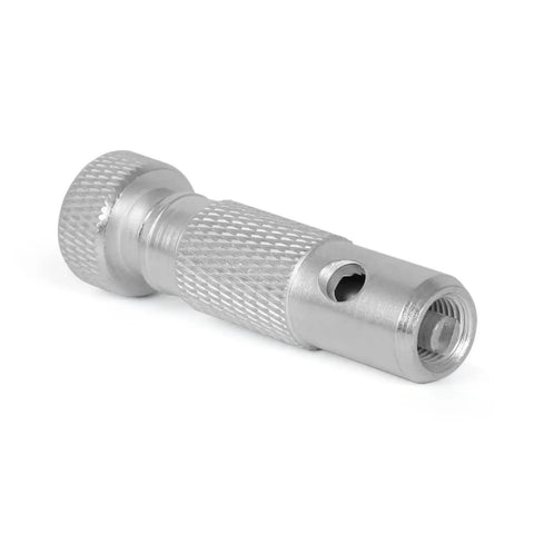 Heavy Duty Aircraft Tire Valve Core Removal Tool With Large Bore Safe Core Capture Chamber And Anti Ejection Design For Jets And Commercial Airplanes Pro Grade Safety For High Pressure Tires in silver.