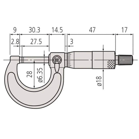 Diagram of Outside Micrometer 0 to 25mm with 0.01mm Graduation and ±0.002mm Accuracy, showing dimensions and components.