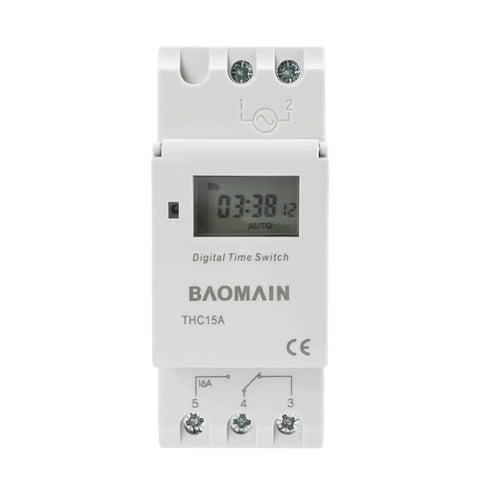 Digital Programmable Timer Switch 110V AC 16A SPDT Relay Weekly Scheduling Timer For Home And Light Industrial Use Auto On Off Easy Install Durable Relay Module For Lights Fans Pumps And Appliances, front view