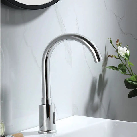 Touchless Chrome Faucet For Kitchen And Bathroom With Infrared Sensor, Automatic Water Flow, Anti Splash Technology, shown installed on counter