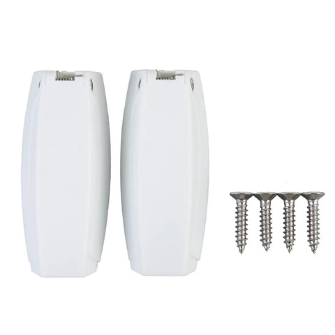 Heavy Duty Rv Baggage Door Catch Latch With Spring Loaded Clamping, white nylon latch with screws for secure trailer storage.