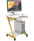 Adjustable Height Black Standing Desk With Pull Out Keyboard Tray And Compact Storage Shelf Portable Laptop Workstation Top Notch Multifunctional Home Office Furniture Boss Level Setup with gold accents.