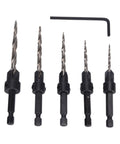 Killer 5 Piece Countersink Set For Screw Sizes 4 Through 12 Adjustable Four Cutter Drill Bit set with five drill bits.