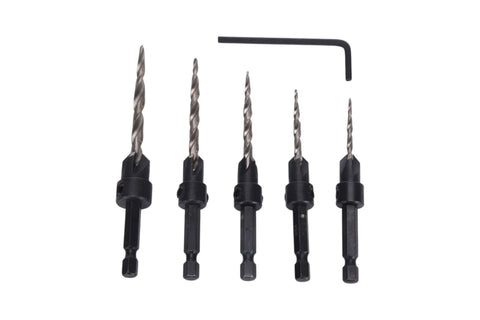 Killer 5 Piece Countersink Set For Screw Sizes 4 Through 12 Adjustable Four Cutter Drill Bit set with five drill bits.