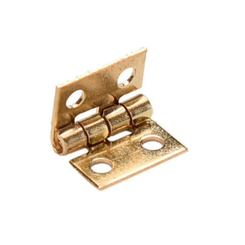 Close-up of a brass mini hinge for dollhouse and cabinet doors, smooth swing, part of 10 Pack Brass Mini Hinges For Dollhouse And Cabinet Doors Small Decorative Jewelry Box Hardware With Nails Fits Like A Glove Smooth Swing Killer Quality Accents.