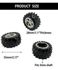 Image of 55mm diameter toy car wheels with 28mm thickness and 3mm metal shaft fitting for RC cars and DIY projects.