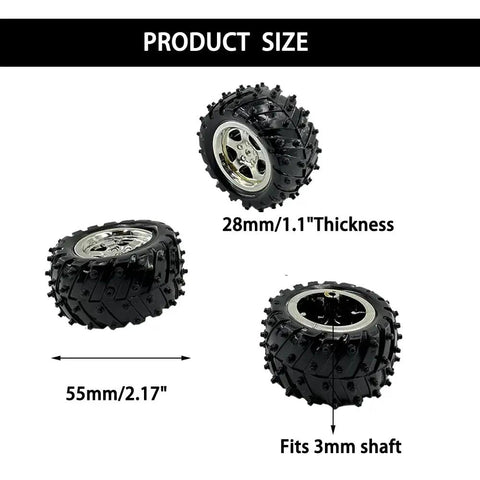 Image of 55mm diameter toy car wheels with 28mm thickness and 3mm metal shaft fitting for RC cars and DIY projects.