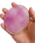 2 Pack Resin Nail Art Palette With Gold Edge held in hand, pink color, for mixing colors, easy clean, durable manicure tool
