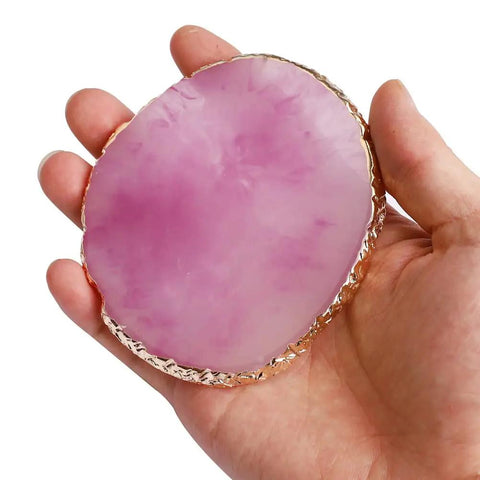 2 Pack Resin Nail Art Palette With Gold Edge held in hand, pink color, for mixing colors, easy clean, durable manicure tool