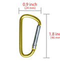 Close-up of a yellow carabiner with labeled dimensions, part of Pro Grade Plastic Safety Barrier Chain For Crowd Control And Parking, 65 Ft Length With Base