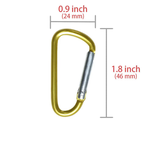 Close-up of a yellow carabiner with labeled dimensions, part of Pro Grade Plastic Safety Barrier Chain For Crowd Control And Parking, 65 Ft Length With Base
