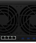 Back view of Killer Performance Quad Core 12 Bay All Flash Nas Server with USB and LAN ports, dual cooling fans for heat management.