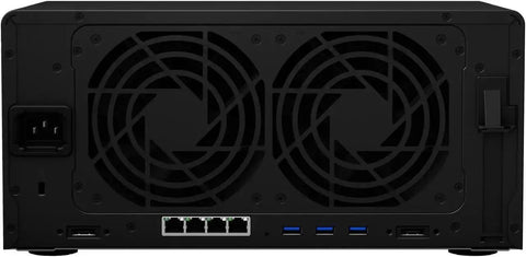 Back view of the Rugged Eight Bay Nas Server With 32 Terabyte Drives And 16 Gigabyte Memory featuring cooling fans and ports.