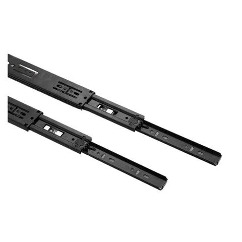 Heavy Duty Ball Bearing Drawer Slides With Soft Closing, 45mm Wide, Full Extension Cabinet Hardware, 100Lb Load Rating, Smooth Glide, Two Rows Of Solid Steel Balls, Galvanized Blue Seal Surface Tough-As-Nails Durability And Performance. Black steel full extension drawer slides with mounting holes