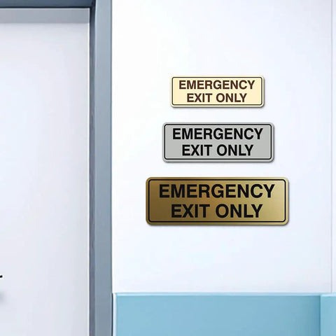Emergency Exit Only Sign For Walls Or Doors Large Brushed Silver Durable Plastic Construction No Fuss Install With Mounting Tape Included
