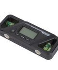 Dead Nuts Accurate Digital Level With Rock Solid Magnetic Base And Bright Lcd Screen And Precision Inclinometer And Angle Finder Tool For Woodworking And Auto Shop Jobs, viewed from the top with buttons and bubble levels.