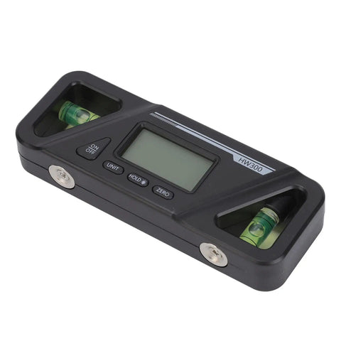 Dead Nuts Accurate Digital Level With Rock Solid Magnetic Base And Bright Lcd Screen And Precision Inclinometer And Angle Finder Tool For Woodworking And Auto Shop Jobs, viewed from the top with buttons and bubble levels.