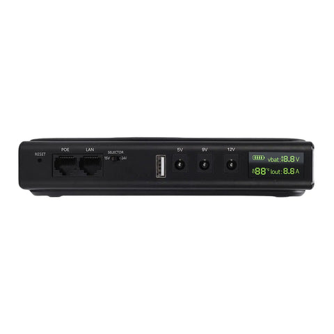 Mini UPS Backup Power Supply For Routers Modems And Security Cameras With 36W US Plug Portable Battery front view, showing ports and LED display.