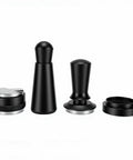 Top Shelf Espresso Setup 51mm Spring Loaded Tamper Set With 7 Pro Premium Barista Tools And Sapele Wood Station For Perfect Daily Brew Times - Black espresso tools arranged on white background.