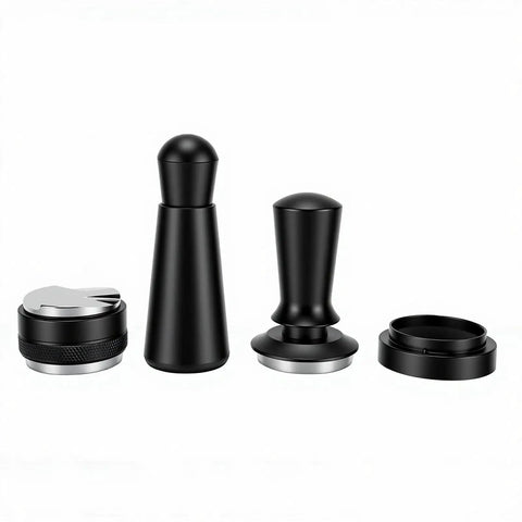 Top Shelf Espresso Setup 51mm Spring Loaded Tamper Set With 7 Pro Premium Barista Tools And Sapele Wood Station For Perfect Daily Brew Times - Black espresso tools arranged on white background.