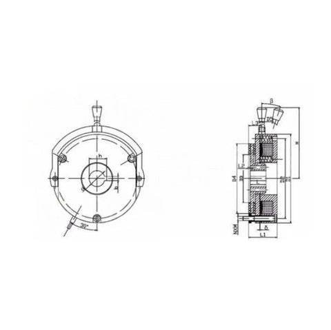 BLTZ1 series DC24V electromagnetic holding brake, front and sectional views of circular housing with mounting holes