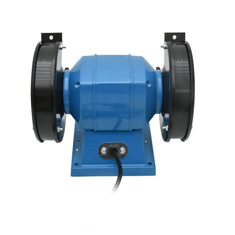 Essential 5 Inch Bench Grinder With Adjustable Eye Guards And Work Light For Sharpening Tools Knives Bits Perfect Desktop Polishing Station front view with dual grit wheels.