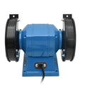 Front view of Compact 5 Inch Bench Grinder With 170 Watt High Speed Motor Dual Grit Polishing Wheels Work Light for sharpening.