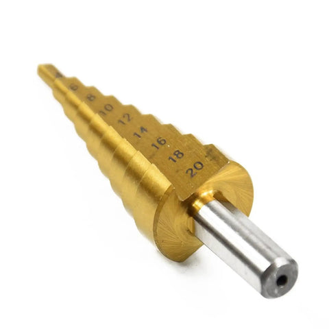 Knockout HSS Steel Step Drill Bits Set Makes Quick Work Of Thin Metal Wood And Plastic Heavy Duty Cone Hole Cutter angle view with size markings